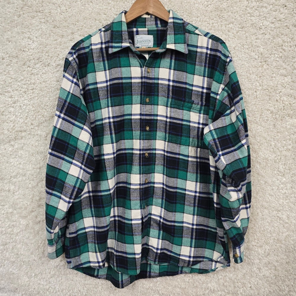 Johnson Woolen Mills Flannel Shirt Mens Large Green Blue Plaid 100%‎ Cotton